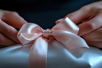 Delicate pink satin bow being tied on silver wrapping paper, close-up view showing silky texture and elegant gift preparation for special occasions.