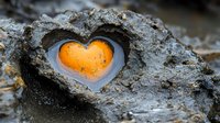 Heart-shaped hole in dark stone reveals glowing orange and blue light, creating romantic natural phenomenon. Macro photography captures mystical love symbol.