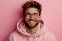 Happy young Caucasian man with beard and glasses wearing pink hoodie smiling at camera against pink background for lifestyle and fashion content.