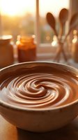 Creamy chocolate swirl in ceramic bowl with golden hour sunlight streaming through window, wooden spoons and jars blurred in background, warm kitchen ambiance.