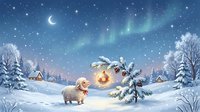 Fluffy sheep standing in snowy winter landscape with glowing lantern, crescent moon, northern lights, and frost-covered trees at night.