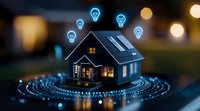 Miniature smart home with glowing light bulbs floating above roof and digital circular waves, illuminated windows on dark background with bokeh lights.