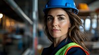 Confident female construction worker wearing blue hard hat and safety vest smiles at industrial workplace, representing women in trades and engineering field.
