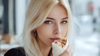Young blonde woman enjoying a wrap sandwich in cafe setting with soft natural lighting and blurred background.