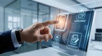 Businessman hand touching digital compliance interface with security icons in modern office environment for regulatory management and business processes.
