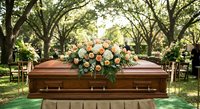 Wooden casket with peach rose floral arrangement at outdoor funeral service under tree canopy for memorial ceremonies and burial services.