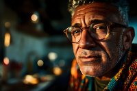 Elderly Caucasian man with glasses and warm smile in cozy indoor setting with bokeh lights creating atmospheric portrait for lifestyle and aging concepts.