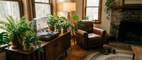 Cozy rustic living room with leather armchair, stone fireplace, vinyl record player, and lush green houseplants in warm natural light.