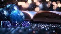 Magical blue Christmas ornament and open book with glowing bokeh lights creating dreamy holiday atmosphere on dark wooden surface.