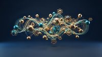 Abstract digital network with flowing golden spheres and turquoise connections on dark blue background for technology and data visualization concepts.