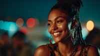 Young African American woman with braided hair smiling joyfully at night with colorful city lights bokeh background for lifestyle and urban photography.