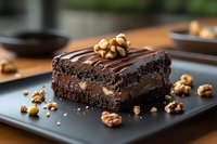 Rich chocolate brownie slice with walnut topping on black plate, layered with dark ganache and decorated with caramelized nuts, close up view of homemade dessert.