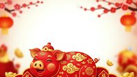 Red and gold pig with traditional Chinese patterns and lanterns for lunar new year celebration on warm background with cherry blossoms and coins.