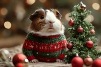 Adorable guinea pig wearing festive red and green knitted sweater sitting beside miniature Christmas tree with ornaments and warm bokeh lights background.