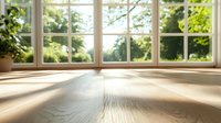 Sunlit wooden floor with natural shadows from bay window, green summer garden view outside, warm morning light creating cozy atmosphere in empty room.