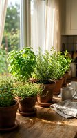 Fresh herbs growing in terracotta pots on sunny kitchen windowsill with natural light streaming through window creating warm homegrown cooking atmosphere.