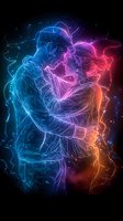 Glowing neon couple embracing in romantic pose against starry background, featuring gradient colors from blue to pink and orange, artistic line art style.