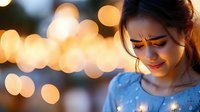 Young Asian woman in blue dress with sad expression against blurred golden bokeh lights background, emotional portrait showing feelings of sorrow.