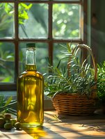 Olive oil bottle and fresh rosemary herbs in wicker basket on wooden windowsill with sunlight streaming through window panes creating warm atmospheric mood.