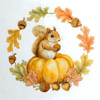 Watercolor autumn squirrel sitting on orange pumpkin surrounded by oak leaves and acorns wreath isolated on white background for seasonal design.