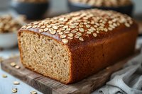 Freshly baked whole grain oat bread loaf topped with rolled oats on rustic wooden cutting board. Close up view showing soft texture and golden crust.