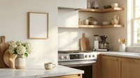 Bright, airy kitchen with white marble countertop, wooden cabinetry, open shelving, and fresh flowers in vase. Ideal for home decor and interior design projects.