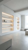 Modern minimalist living room with illuminated built-in shelving and clean white interior design for contemporary home decor and architectural projects.
