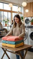 Young Caucasian woman smiling while folding colorful clean towels at a laundromat with washing machines in the background.