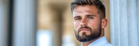 Confident bearded businessman in white shirt standing outdoors near modern office building, professional corporate portrait for business marketing.