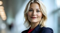 Blonde woman with fair complexion in professional navy blazer and red top, smiling at camera in modern office setting with blurred background.
