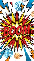 Comic book explosion with BOOM text and colorful burst rays in pop art style with halftone dots and lightning bolts for graphic design projects.