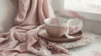 Cozy morning scene with ceramic cup and saucer on wooden tray surrounded by soft pink fabric and dried flowers creating peaceful hygge atmosphere.