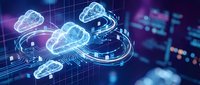 Digital cloud computing network with glowing data streams and circuit patterns on futuristic technology background for business solutions.