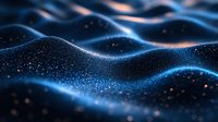 Glowing blue and orange particles form dynamic waves against dark background, creating futuristic abstract landscape with depth and motion effect.
