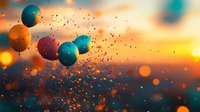 Vibrant turquoise balloons floating against golden sunset sky with glowing bokeh lights and floating confetti creating magical celebratory atmosphere.