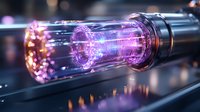 Glowing purple energy core in transparent tube with light trails and particle effects, futuristic technology concept with bokeh background for sci-fi designs.