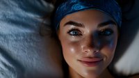 Young athletic woman with blue headband lying down after workout, sweaty face with natural glow, fitness recovery and sports lifestyle concept.