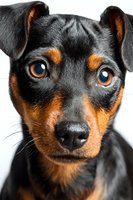Adorable black and tan puppy with bright amber eyes looking directly at camera on white background isolated for pet adoption and veterinary care designs.