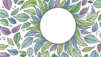 Watercolor leaves frame with blank circle space for text on white background. Botanical foliage border with green, blue and purple leaves for greeting cards.