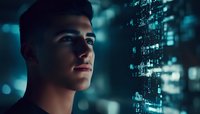 Young Caucasian male professional looking at digital data stream visualization in dark room with cyan blue technology lighting, representing artificial intelligence future.