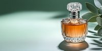 Luxury perfume bottle with amber liquid and crystal glass stopper on mint green background with eucalyptus leaves casting soft shadows. Elegant fragrance concept.