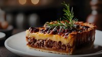 Slice of pecan pie with vanilla custard layer and fresh rosemary garnish on white plate, dark moody background with bokeh lights, close up food photography.