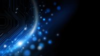 Glowing blue circuit board pattern with digital particles and light effects on dark background, modern technology concept for tech presentations.