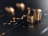 Golden coins stacked on financial chart showing upward trend, symbolizing investment growth and profit increase on dark background with selective focus.