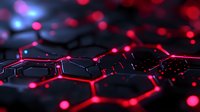 Glowing red and blue hexagonal pattern on black background with digital network connections and light effects, modern technology concept for tech presentations.