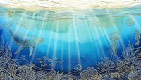 Underwater ocean scene with whale, jellyfish and coral reef in golden line art style with sunbeams filtering through blue water creating peaceful marine environment.