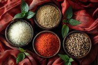 Assorted spices and rice in wooden bowls on red silk fabric with fresh basil leaves, featuring white rice, red lentils, and coriander seeds arranged in rustic style.