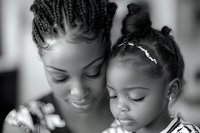 African American mother and daughter sharing tender moment with natural hairstyles in black and white portrait capturing family bond and maternal love.