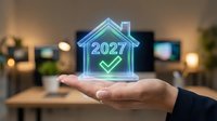 Businessperson holding glowing neon house icon with 2027 text and checkmark symbol, representing future home investment, real estate goals, property planning and smart housing technology solutions.