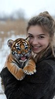 Young Caucasian woman in winter coat holding adorable tiger cub against snowy background, both showing joyful expressions in heartwarming outdoor portrait.